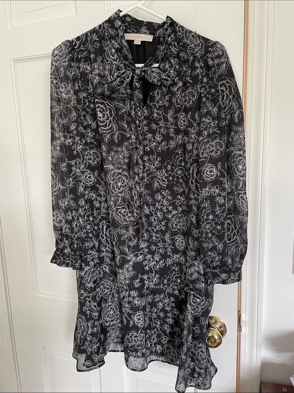 LOFT Black and White Floral Tie-Neck Mini Dress